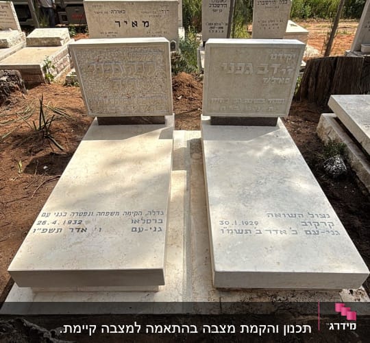 שתי מצבות בבית קברות עם עצים ברקע